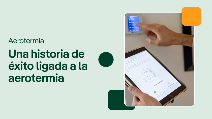 Portada de video sobre aerotermia mostrando a una persona interactuando con un termostato digital y consultando una tablet. El título del video resalta el éxito relacionado con la aerotermia.