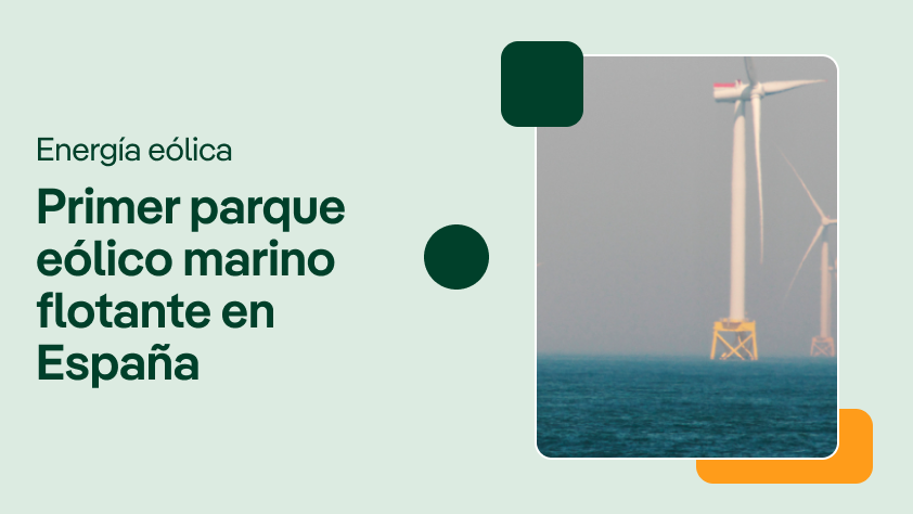 Portada de video sobre energía eólica, mostrando un parque eólico marino flotante, con el texto: 'Primer parque eólico marino flotante en España'