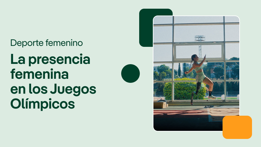 Portada de video sobre deporte femenino, mostrando a una atleta femenina saltando en una pista de atletismo, con el texto: 'La presencia femenina en los Juegos Olímpicos'