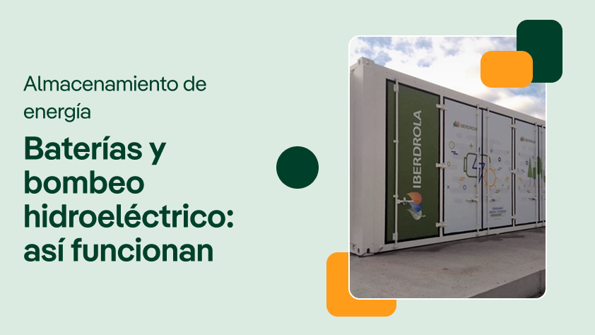 Portada de video sobre almacenamiento de energía, mostrando un sistema de baterías, con el texto: 'Baterías y bombeo hidroeléctrico: así funcionan'