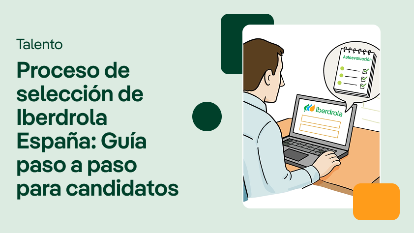 Portada de video sobre el proceso de selección de Iberdrola España, mostrando a una persona completando un formulario en su ordenador con el texto: 'Proceso de selección de Iberdrola España: Guía paso a paso para candidatos'