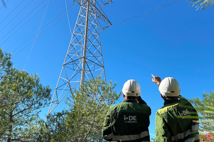 Dos trabajadores de i-DE (Grupo Iberdrola) observan una torre de electricidad de alta tensión. En la torre, varios trabajadores están trabajando a gran altura. El cielo es claro y azul, y hay algunos árboles al frente, ligeramente desenfocados.