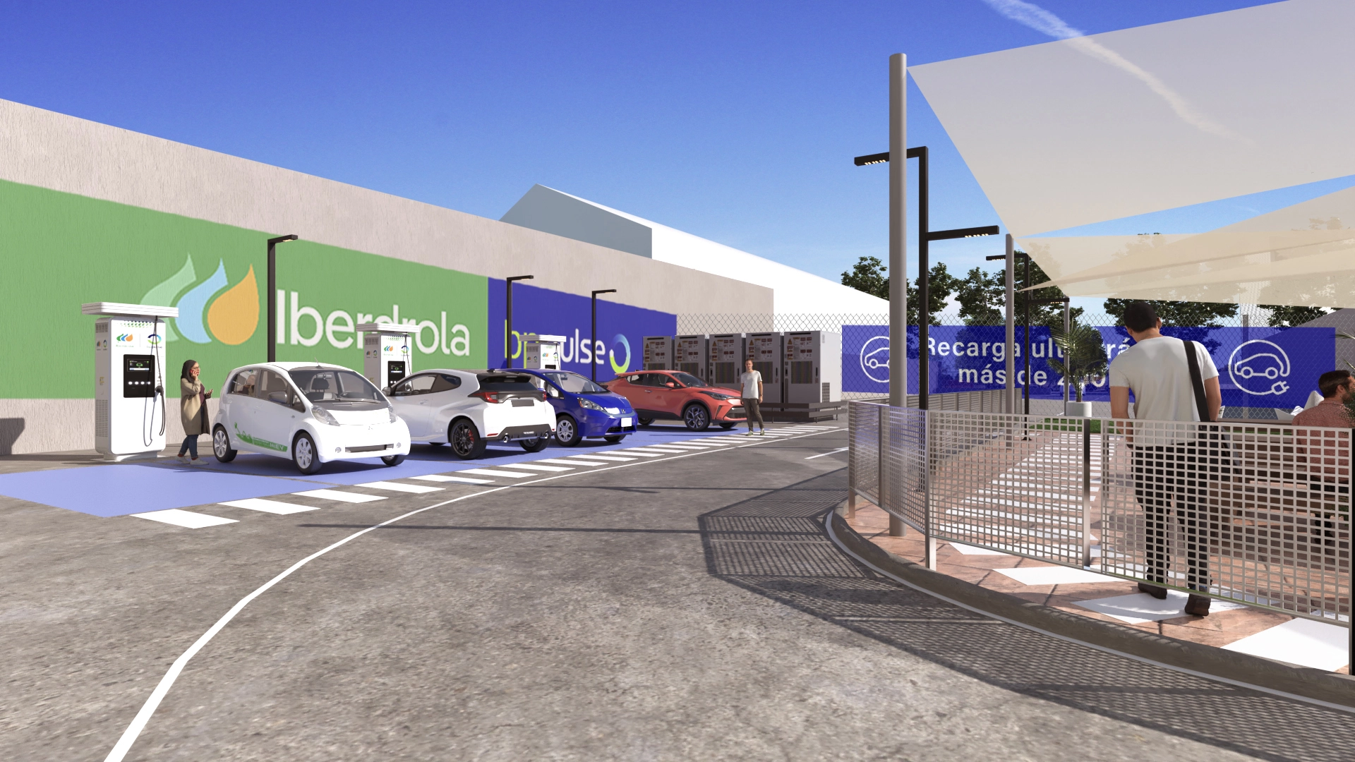 Rendered view of an Iberdrola electric vehicle charging station, with several cars plugged into chargers and a visible rest area.