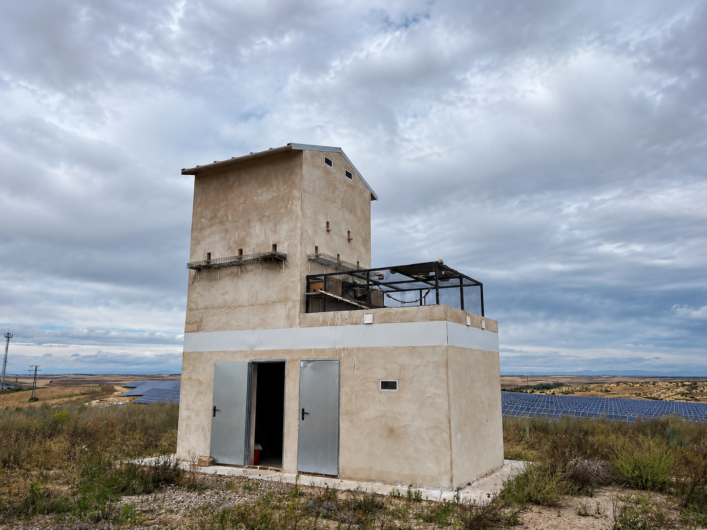 Refugio para aves junto a una planta solar fotovoltaica en un entorno rural.