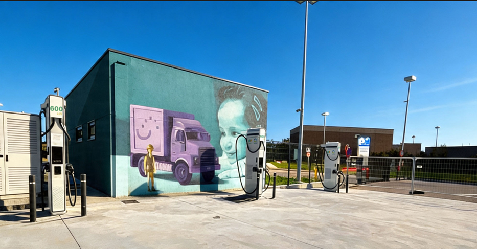 Estación de recarga de vehículos eléctricos con varios cargadores de alta potencia junto a un edificio decorado con un mural de un camión y el rostro de una niña.