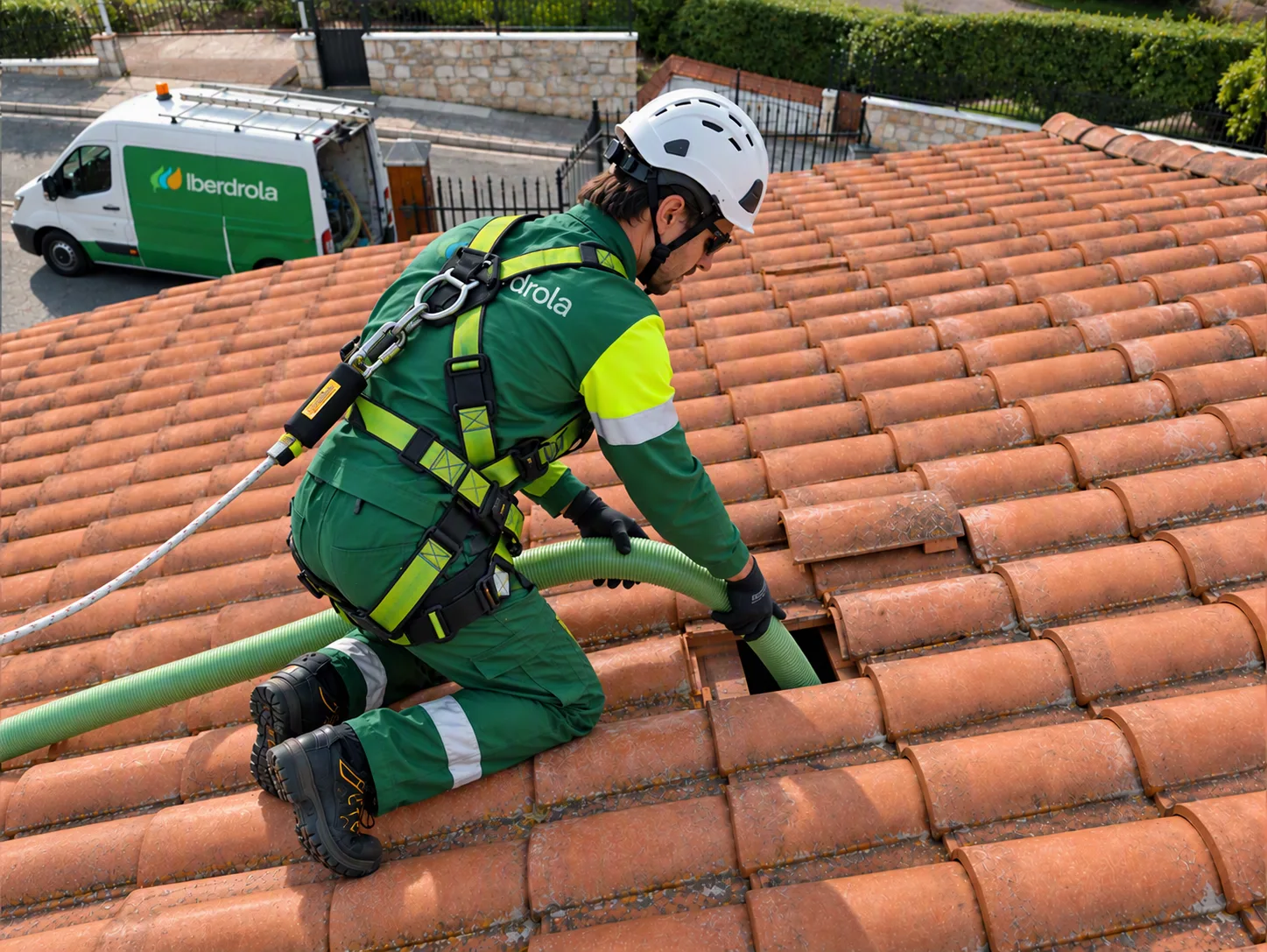 Técnico de Iberdrola instala aislamiento térmico en el tejado de una vivienda.