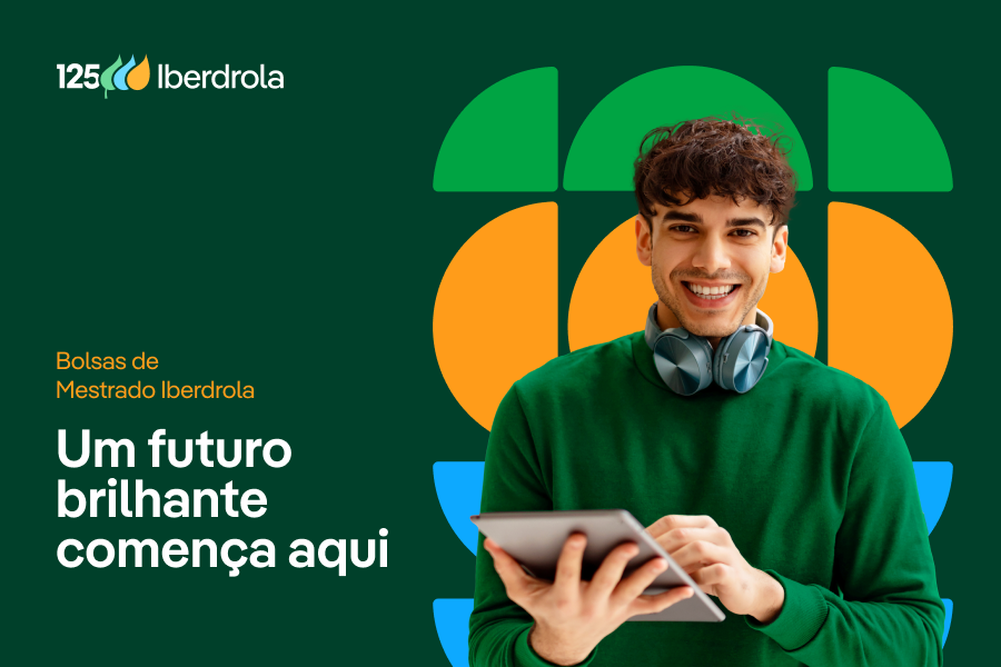 A promotional image for the Iberdrola Master Scholarships, with the text "A bright future starts here." A young man is smiling while holding a tablet and wearing headphones. He is dressed in a green sweater, and the background features a colorful design with graphic elements in green, orange, and blue tones. The Iberdrola logo, with the company's colors, is in the top left corner.